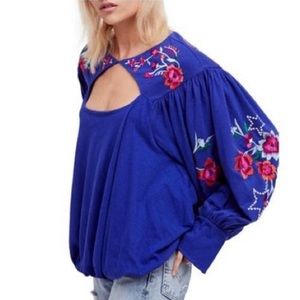 Free People Indigo Embroidered Lita Top